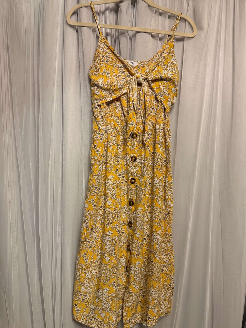 Mimi Chica Yellow Floral Button-Front Midi Dress with Tie